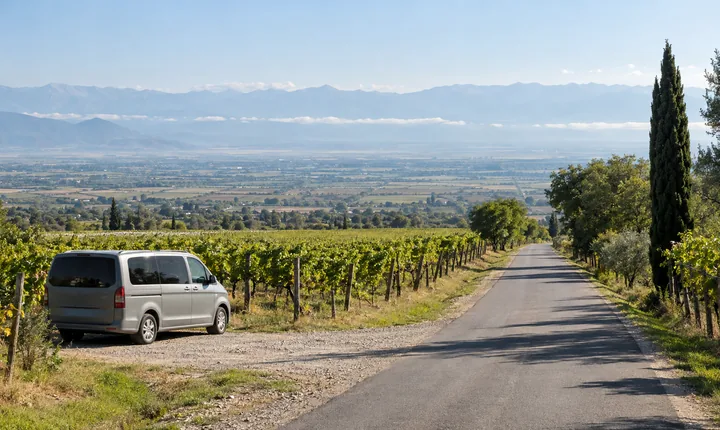 A passenger van beside a quiet lane through green vineyards in Kakheti A passenger van beside a quiet lane through green vineyards in Kakheti