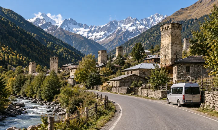 Approach road to Mestia with stone Svan towers, a small passenger minibus and forested Caucasus mountains Approach road to Mestia with stone Svan towers, a small passenger minibus and forested Caucasus mountains
