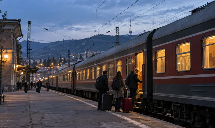 Overnight passenger train with warm-lit windows beside a Caucasus railway platform at dusk Overnight passenger train with warm-lit windows beside a Caucasus railway platform at dusk