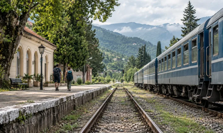 A passenger train and travelers beside a small tree-lined railway station in western Georgia A passenger train and travelers beside a small tree-lined railway station in western Georgia