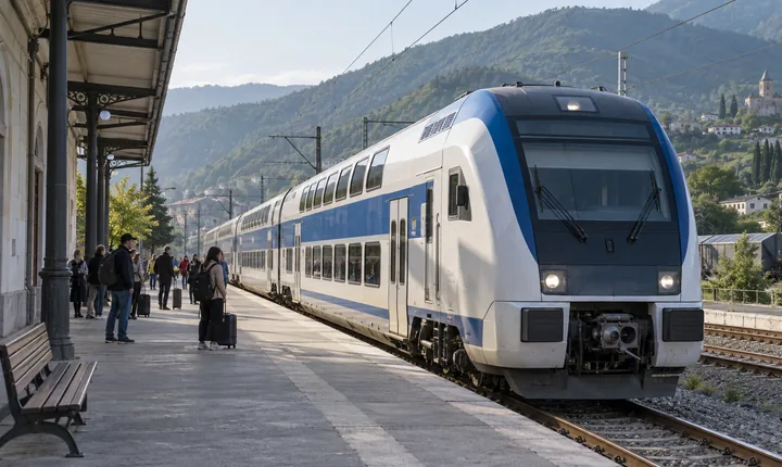 A white and blue double-decker passenger train at a railway platform in Georgia A white and blue double-decker passenger train at a railway platform in Georgia