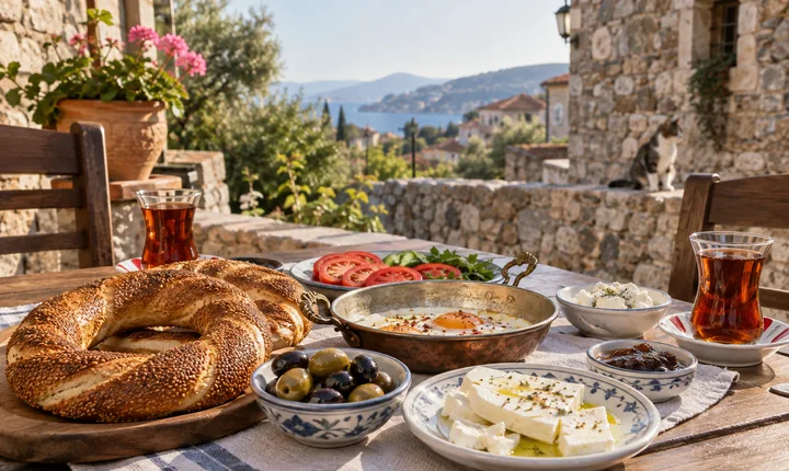 Simit, olives, cheese and tea on a Turkish breakfast table