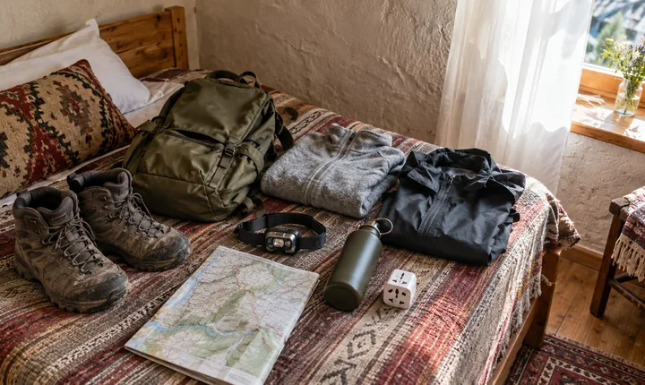 Hiking boots, a daypack, layered clothing and small travel essentials laid out for a trip Hiking boots, a daypack, layered clothing and small travel essentials laid out for a trip