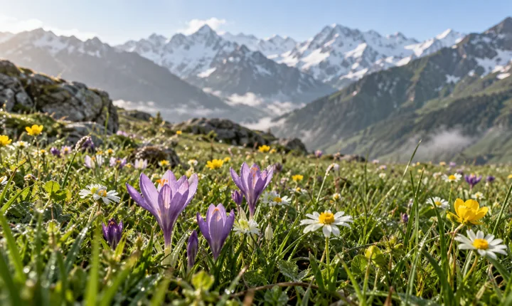 Purple, white and yellow wildflowers in a fresh green Caucasus meadow Purple, white and yellow wildflowers in a fresh green Caucasus meadow