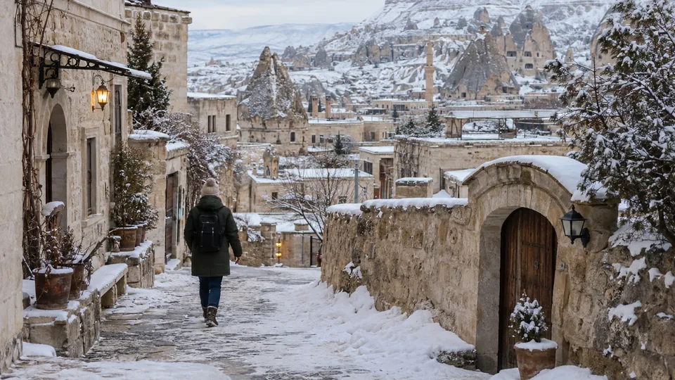 A traveler walking a snowy stone village lane in Cappadocia