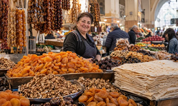 Dried apricots, nuts and lavash bread at a covered food-market stall in Yerevan Dried apricots, nuts and lavash bread at a covered food-market stall in Yerevan